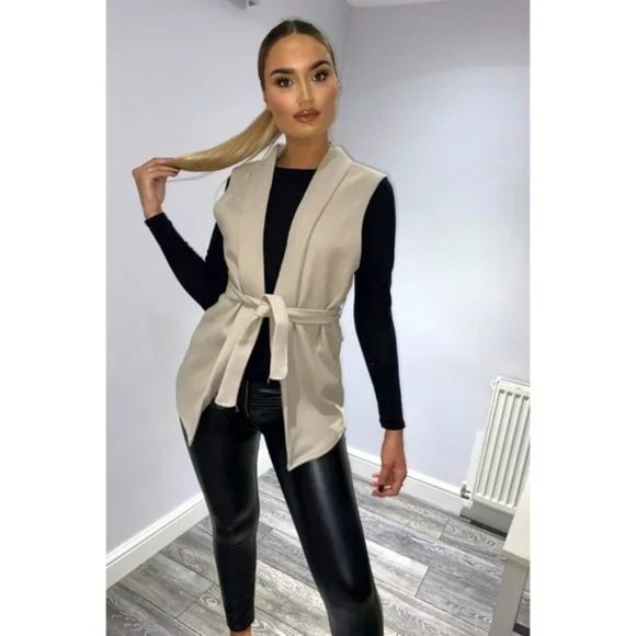 Beige Wool Blend Sleeveless Belted Vest Blazer Jacket - Picture 7 of 11